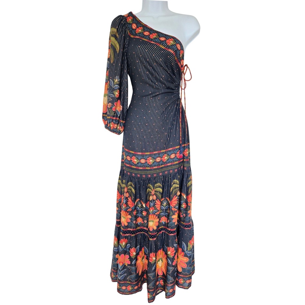 Rare Farm Rio Navy Floral Metallic Stripe One Shoulder Maxi Dress M Resort Boho - Picture 2 of 13